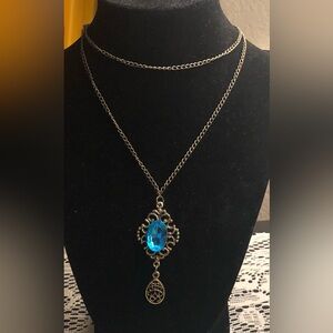 Gold Chain Necklace with Blue Gem Pendant